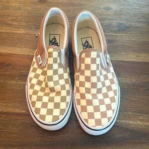 Tan and Cream Checkered Vans Slip-Ons